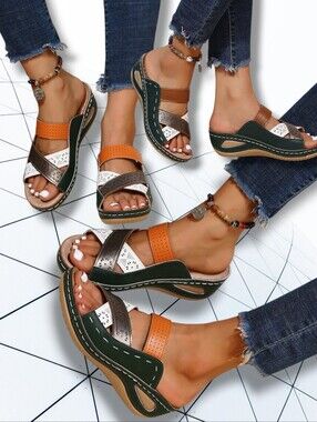 Ladies Colorblock Geometric Crisscross Hollow Out Wedged Sandals